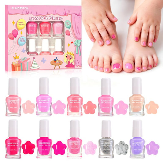 ALIKOSSTOR Kids Nail Polish Set, 10 Colors Non Toxic Water Based Peel Off Nail Polish, Quick Dry Toddler Nail Polish Kit, Safe Kids Manicure Set Birthday Gift for Girls