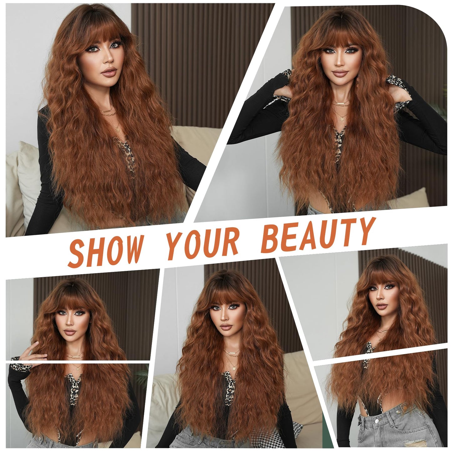 PARK YUN 33In Auburn Brown Curly Wig with Bangs Chestnut Red Heat-Resistant Synthetic Wig Natural Looking Wigs for Daily Use Cosplay Party Gifts for Women