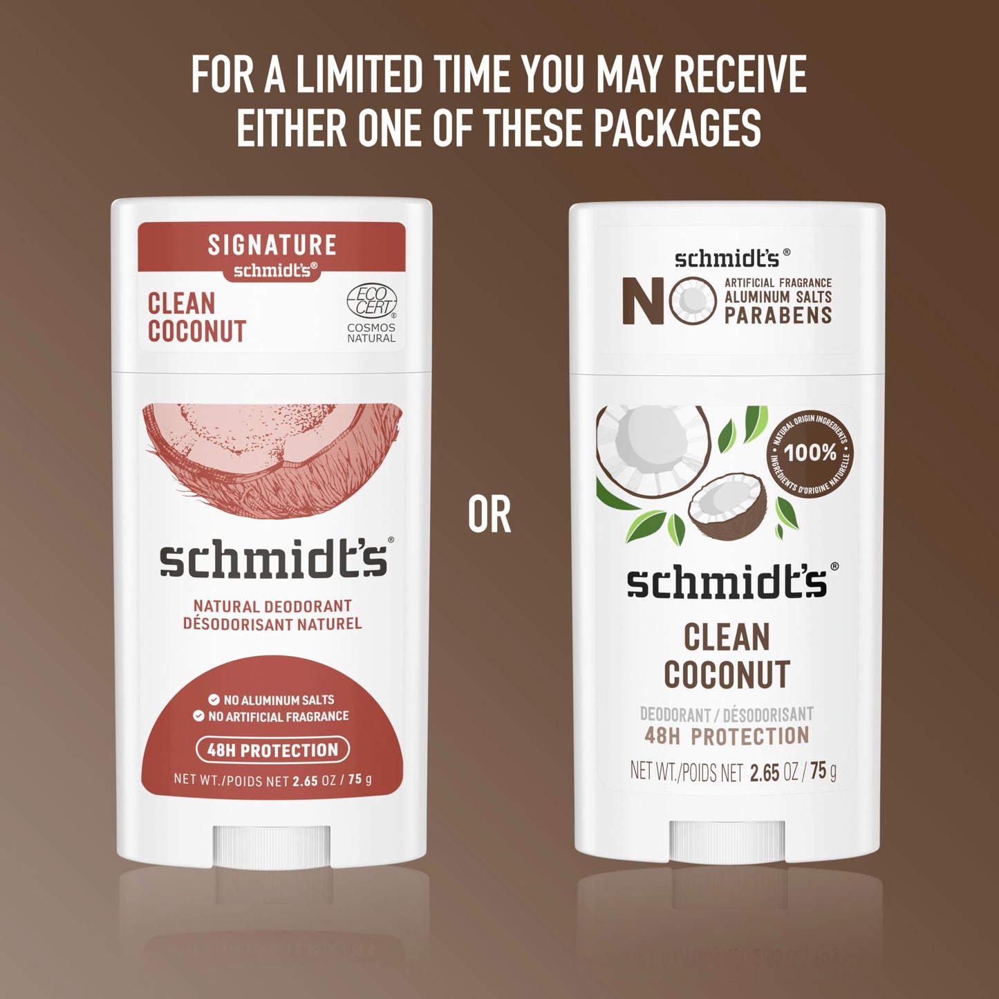 Schmidt's Aluminum-Free Vegan Deodorant Clean Coconut for Women and Men, with 24 Hour Odor Protection, Natural Ingredients, Cruelty-Free, 2.65 oz (Pack of 2)