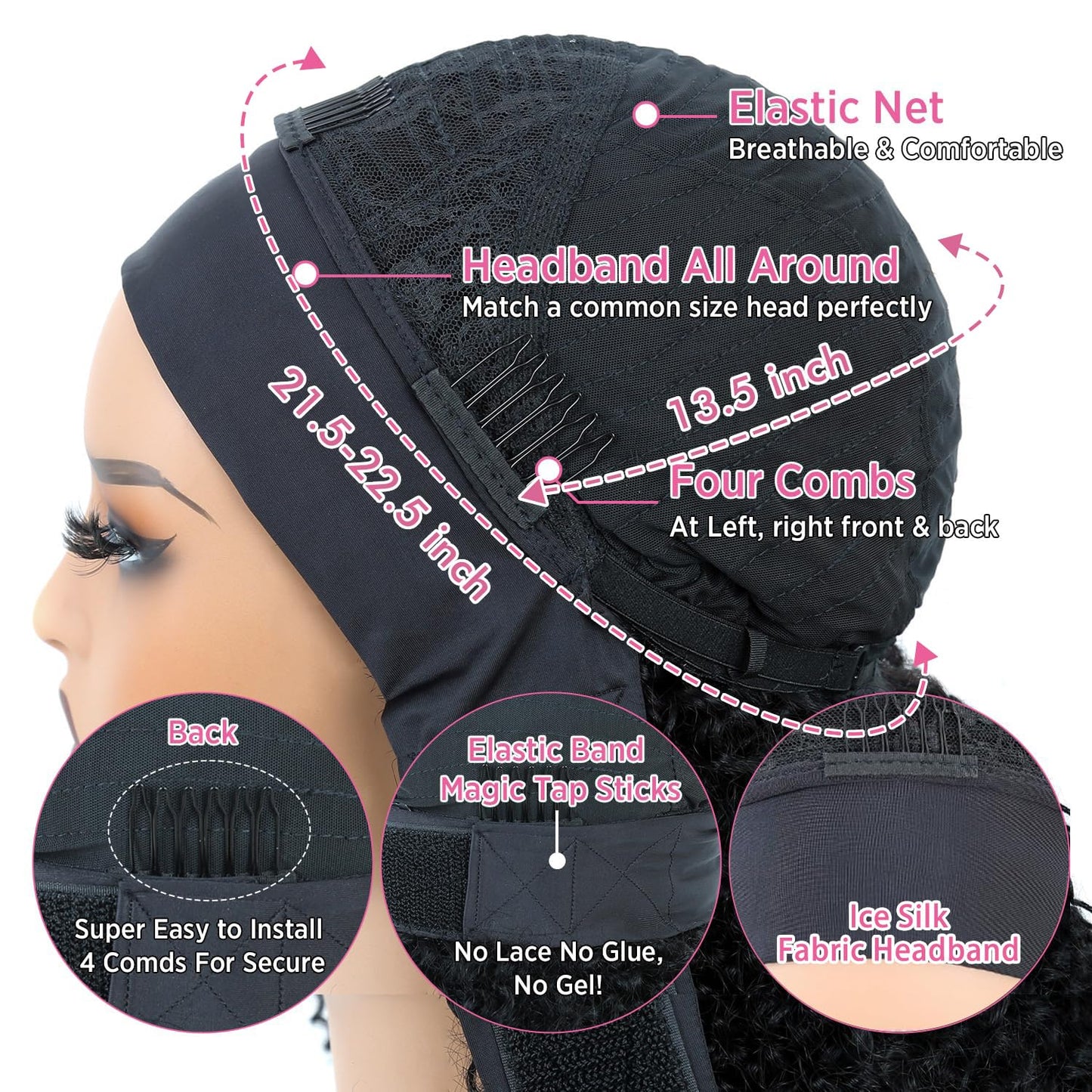 Headband Wig Human Hair Kinky Curly Glueless Wigs 12 Inch Natural Black