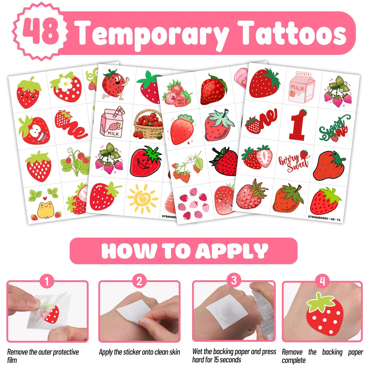 72 PCS Strawberry Party Favors - 48 PCS Temporary Tattoos & 24 PCS Punch Balloons Combo - Birthday Gifts & Goodie Bag Fillers