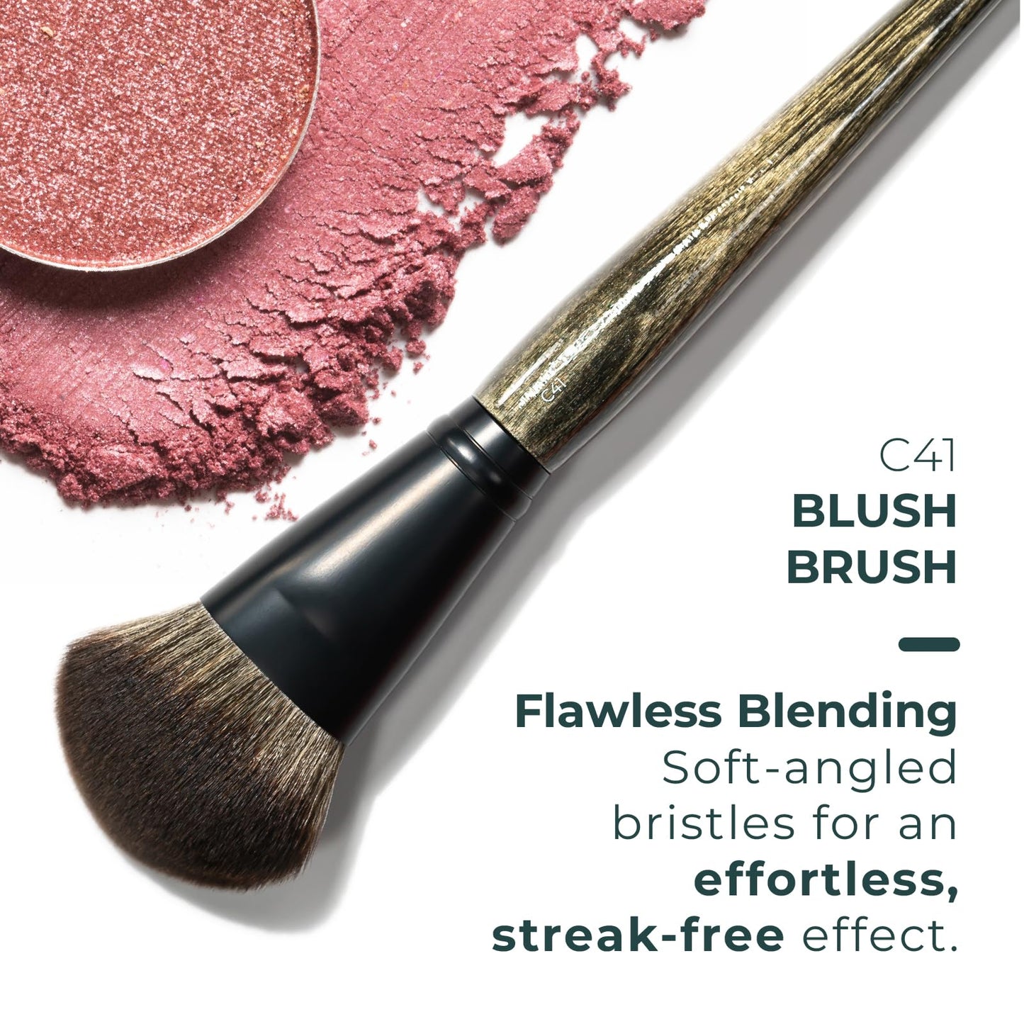 Rose and Ben Beauty C41 Blush Brush | Professional Angled Brush for Flawless Makeup Application | Non-Shedding & Cruelty-Free Vegan Synthetic Bristles for Pressed, Powder, & Cream Cosmetics