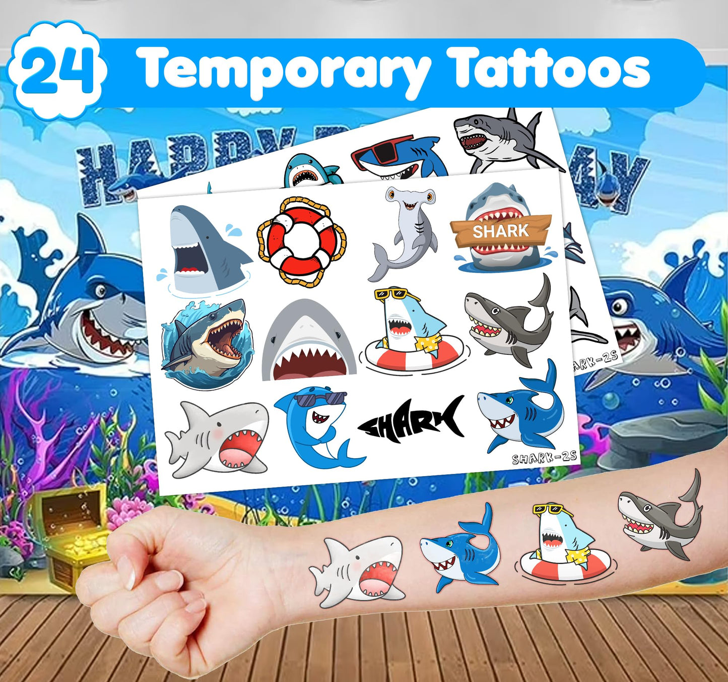 INKSOMOBA 36PCS Shark Party Favors - 24PCS Temporary Tattoos & 12PCS Stamps - Ideal Beach Ocean Animal Themed Birthday Card Decorations Supplies Goodie Bag Cute Rewards for Boys Girls Classroom Gifts