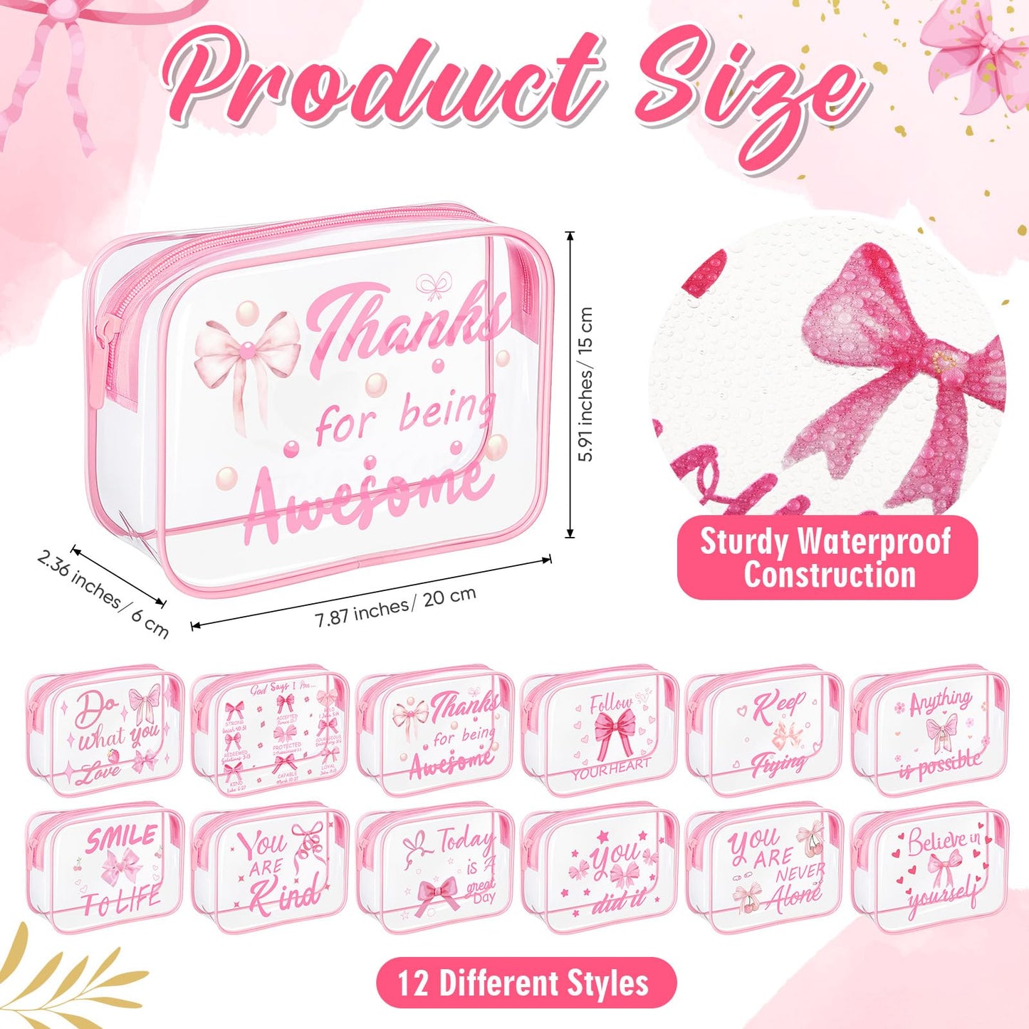 Kacctyen 12 Pcs Clear Makeup Bags Flower Bulk Inspirational Quotes Waterproof Portable with Toiletry Zipper Pink Clear PVC Travel Pouch Encouragement Quotes Bags Appreciation Gift for Mother Nurse