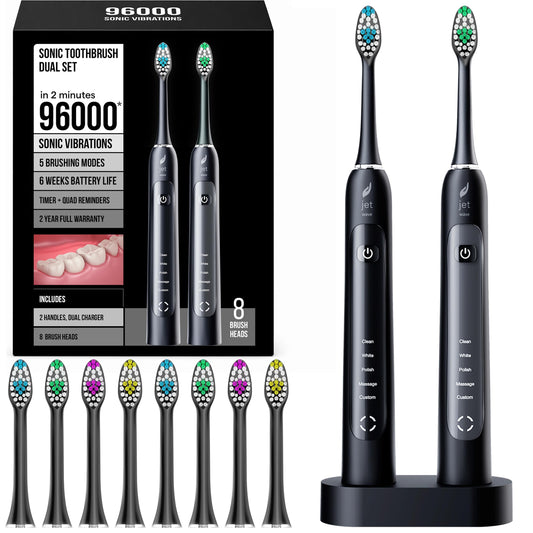 Acteh Sonic Electric Toothbrush Dual Set – Plaque Removal & Whitening, 5 Modes, Smart Timer, 6-Week Battery, 2 Toothbrushes