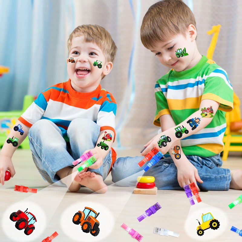72 PCS Tractor Party Favors – 48 PCS Luminous Tattoos & 24 PCS LED Finger Lights Combo – Birthday Goodie Bag Fillers, Party Supplies, Gifts Light Up Toys Glow In The Dark for Boys and Girls