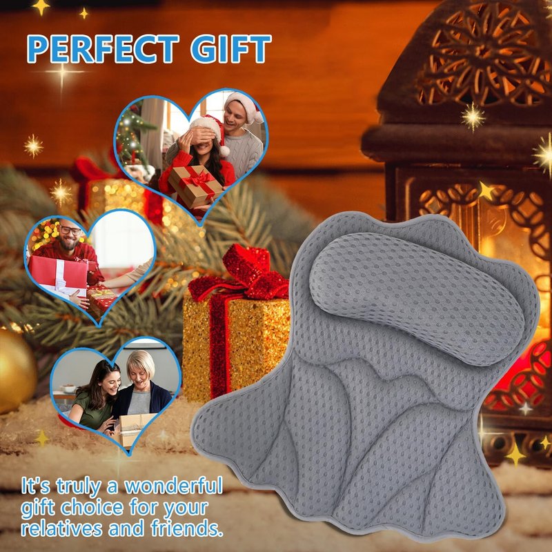 Bath Pillows for Tub - Extra Thick 4D Mesh Fabric with 6 Non-Slip Suction Cups | Grey Neck and Back Support