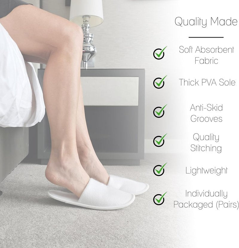Hotel Spa Slippers - Disposable Non-Slip Travel Slippers for Guests | 24 Pairs, Closed Toe, Unisex