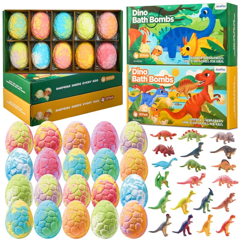 Dinosaur Bath Bombs for Kids with Surprise Inside, 20 Pack Natural Dino Egg Bath Bombs with Exclusive Carnivorous & Herbivorous Dinosaur Toys, Easter Basket Stuffers Easter Gifts for Boys, Girls