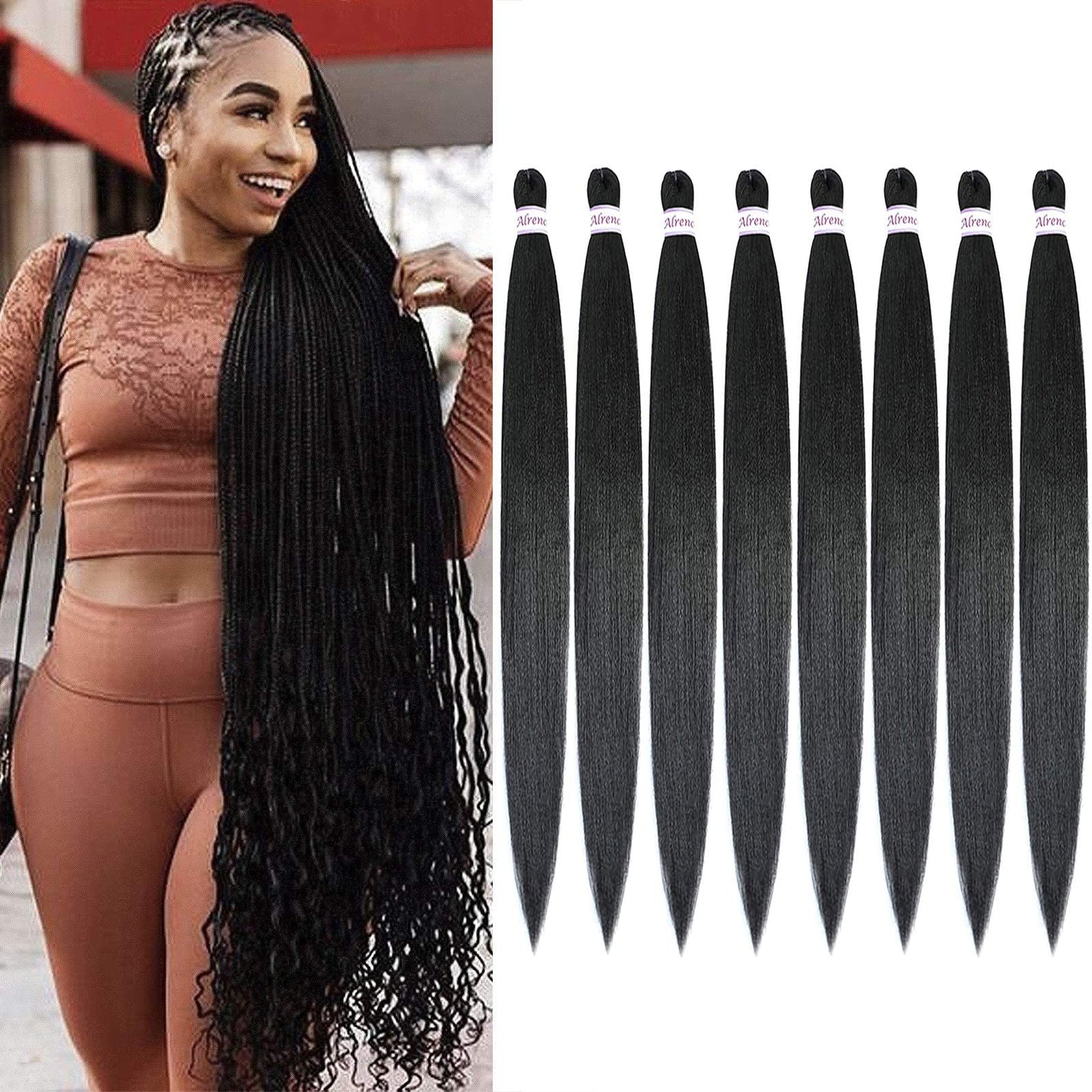Alrence Pre Stretched Braiding Hair Long Braid 42 Inch 8 Packs Professional Braiding Hair Extensions Synthetic Crochet Twist Braids (42 Inch, 1B#)