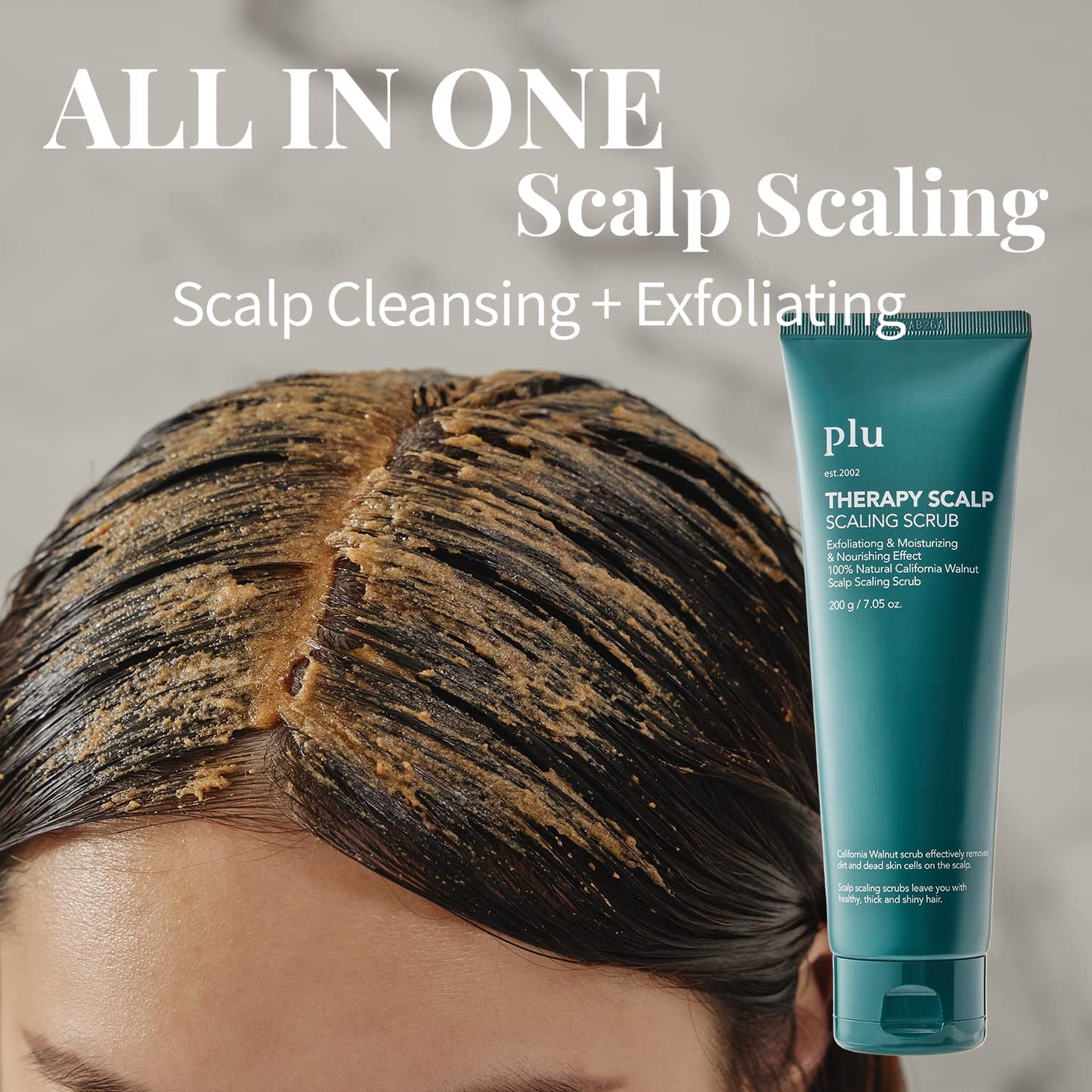 PLU Therapy Scalp Scaling Scrub With Silicone Massager Brush - Walnut Scrubber Gel for Oily Scalp and Dandruff - Exfoliating & Deep Cleansing Combo Set