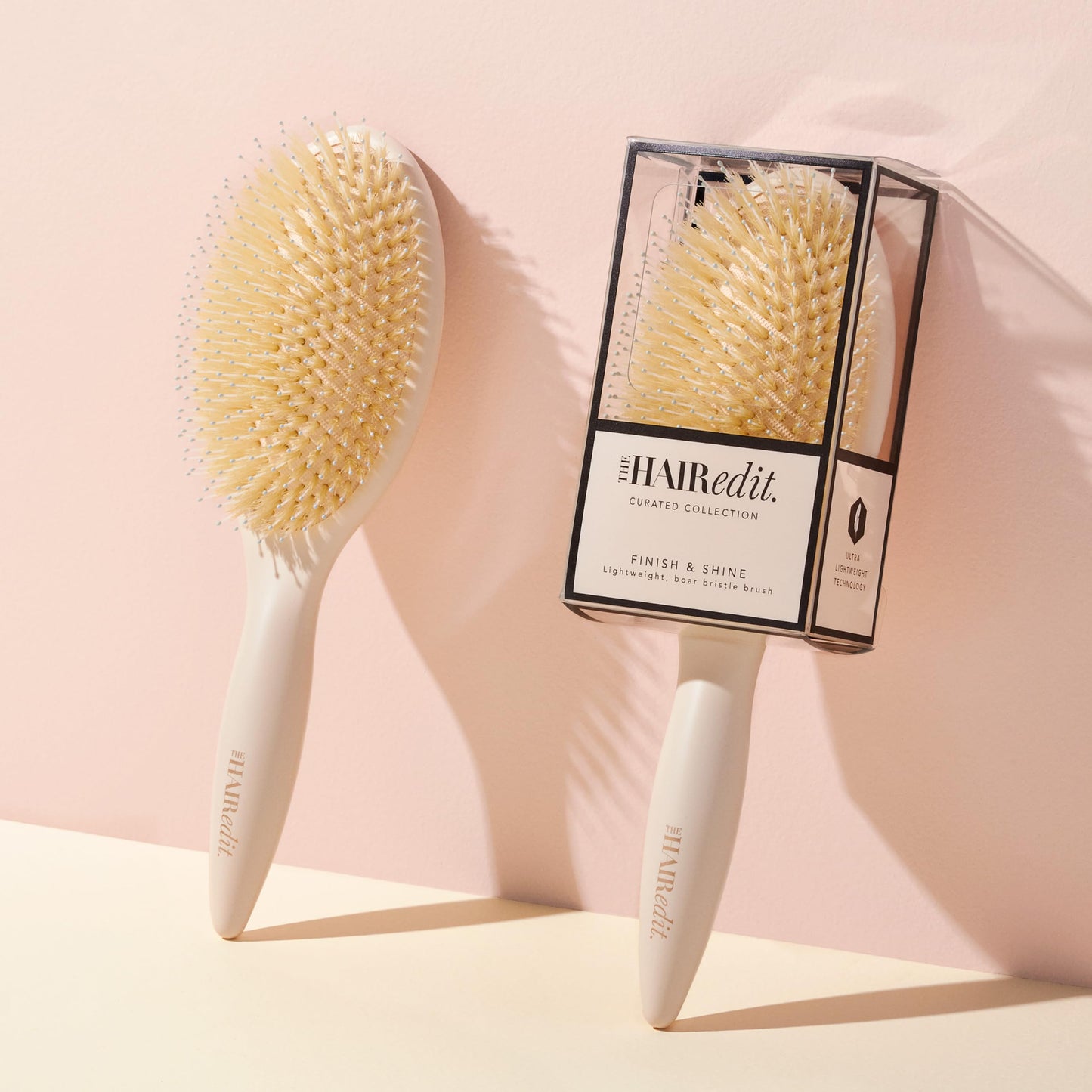 The Hair Edit Finish & Shine Boar Bristle Hair Brush, Detangling & Smoothing Hair Brush with Boar Bristles & Ball-Tipped Nylon Pins, Tames Flyaways, Adds Shine & Polishes Dry Hair, Lightweight, Cream