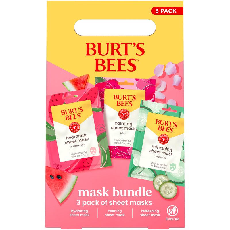 Burt's Bees Mothers Day Gifts, Face Mask Bundle Set, Hydrating Watermelon, Calming Rose, & Refreshing Cucumber, Face Sheet Masks for Single Use Skin Care, 99% Natural Origin, 3 Count, 0.33oz Each