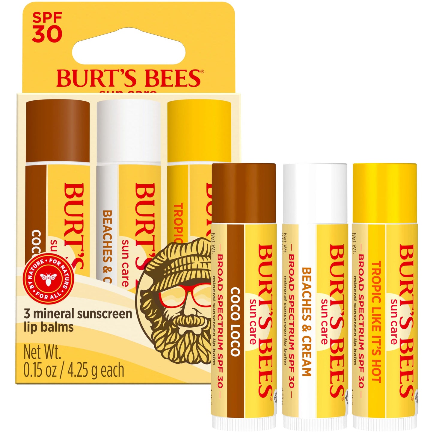 Burts Bees SPF 30 Lip Balm, Island Getaway, Coco Loco, Beaches & Cream, Tropic Like It's Hot, Water-Resistant Sun Care, Natural Origin Lip Treatment, 0.15 oz., Three Tubes