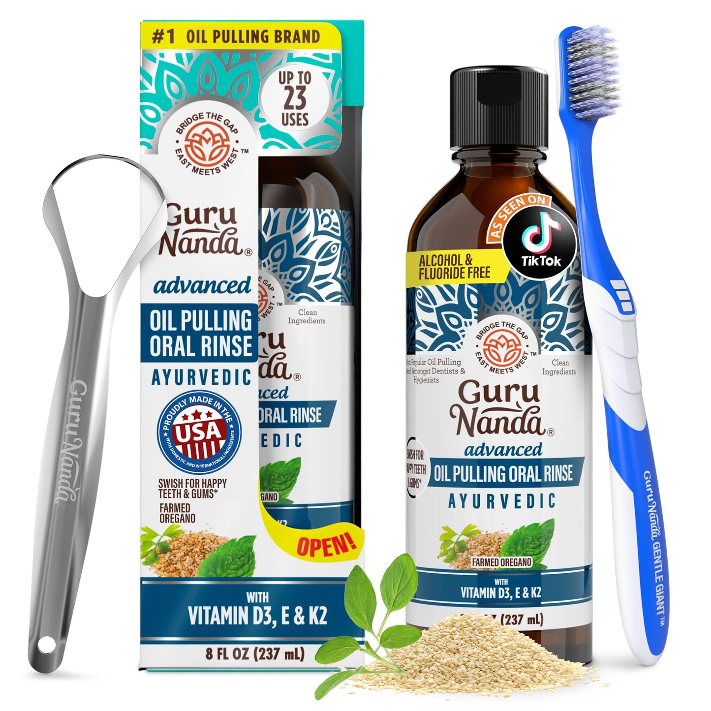 GuruNanda Advanced Oil Pulling Mouthwash for Enhanced Oral Care with Sesame & Oregano Oil, Promotes Deep Cleaning for Healthy Teeth & Gums, with Toothbrushes & Tongue Scrapers, Alcohol-Free, 3X8 Oz