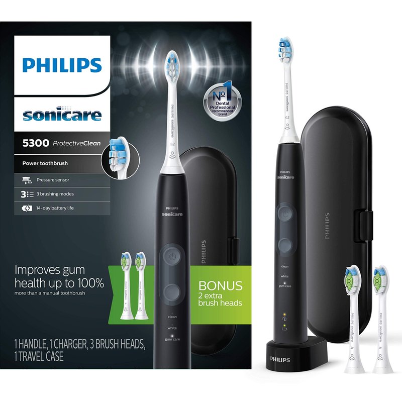 Philips Sonicare Cordless Power Flosser 3000 & ProtectiveClean 5300 Rechargeable Electric Power Toothbrush, Black, HX6423/34