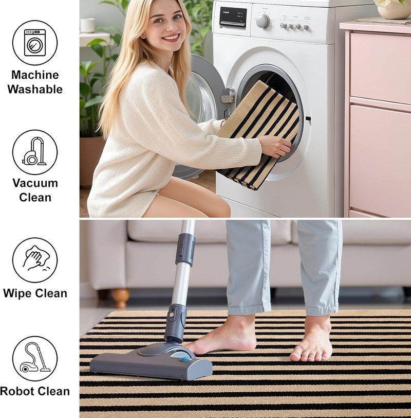 Brown and Black Striped Rug | 4' x 6' Washable Cotton Doormat for Indoor & Outdoor Use