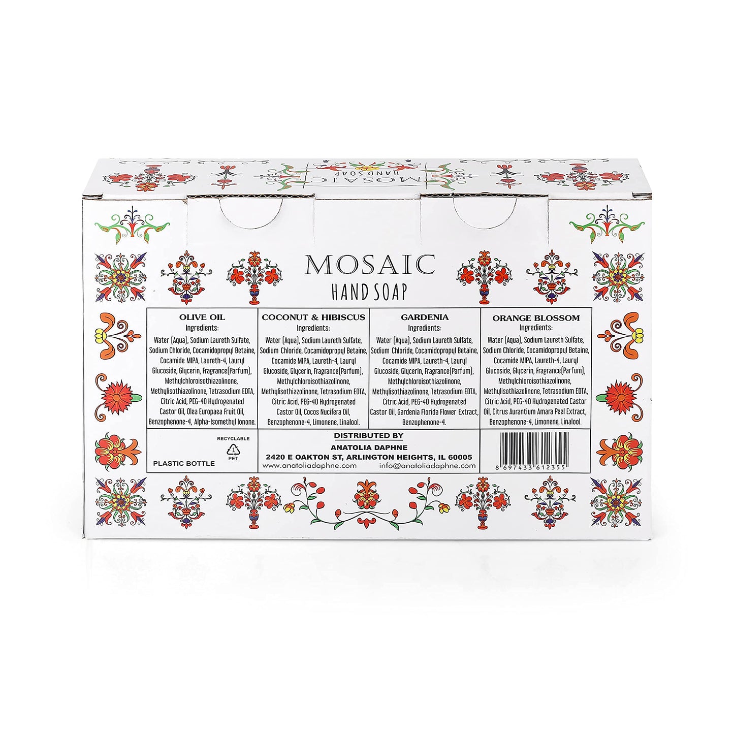 Mosaic Liquid Hand Soap / Hand Wash Gift Set, Ideal for Bathroom and Kitchen Hand Soap Set , Olive Oil + Coconut & Hibiscus + Gardenia + Orange Blossom, 4 x 24.6 fl oz Each Liquid Soap Bottle