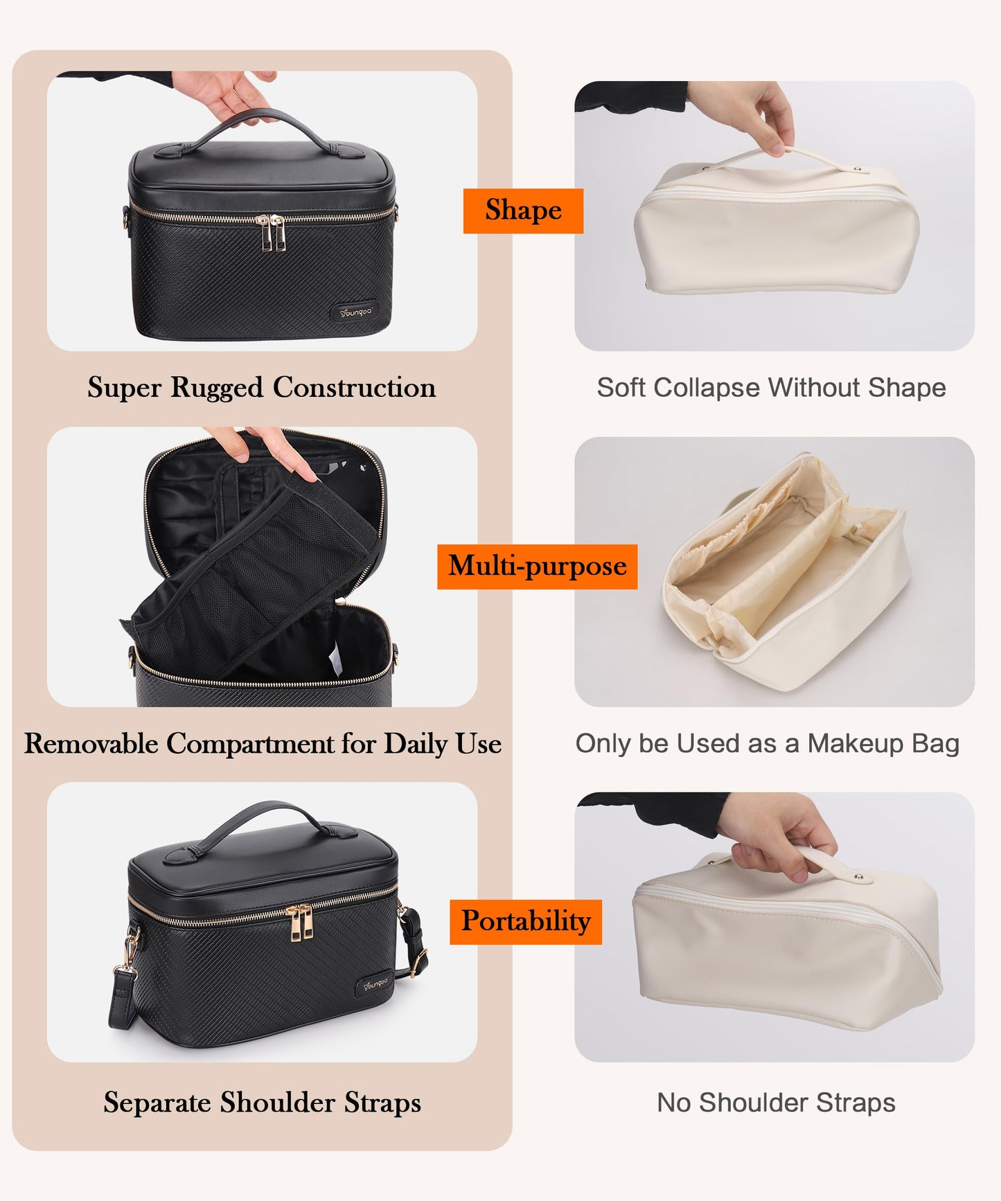YOUNGOA Large Stylish Makeup Bag Cosmetic Make Up Travel Bag for Women, Delicate Model (Black)