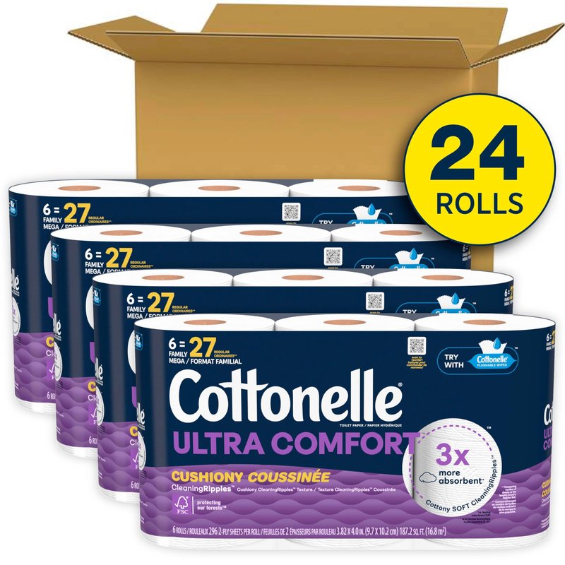 Cottonelle Ultra Soft Toilet Paper with Cushiony CleaningRipples Texture, Strong Bath Tissue, 24 Family Mega Rolls = 108 Regular Rolls (4 Packs of 6)