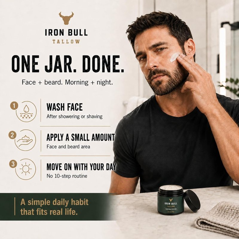 Iron Bull Beef Tallow Face Moisturizer for Men - Anti-Aging Hydration with Hyaluronic Acid | 2oz Natural Skin Balm