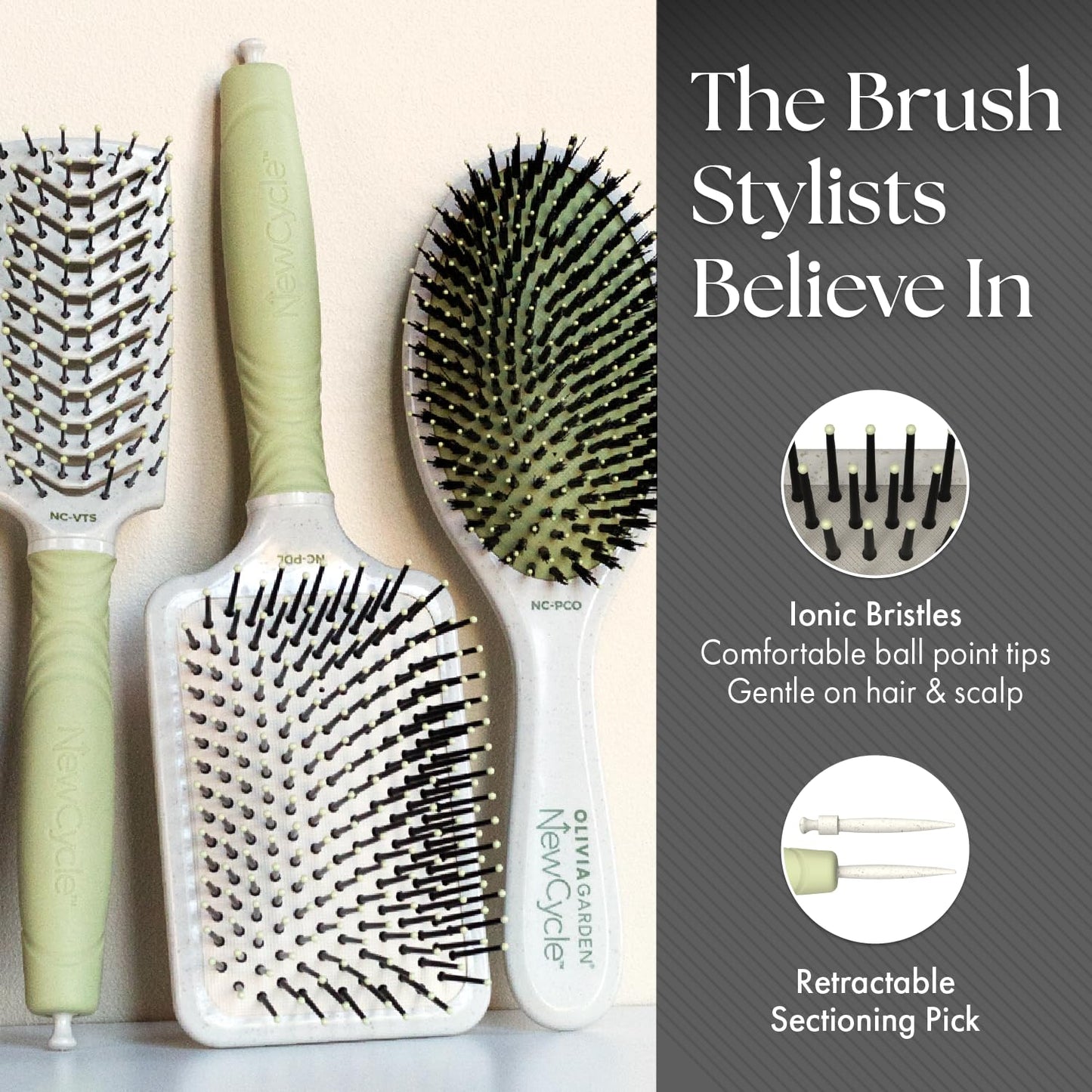 Olivia Garden NewCycle Professional Hair Brush is made from 100% recycled materials (except bristles and cushion), styles all hair types quickly and creates long lasting styles