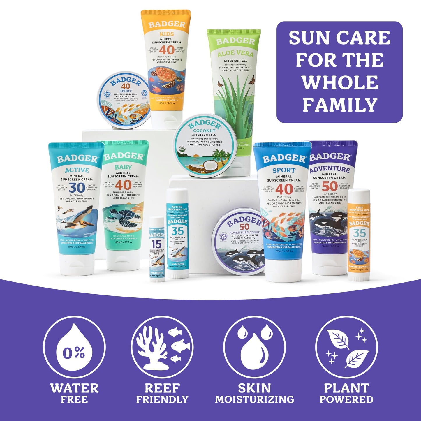 Badger Reef Safe Mineral Sunscreen, SPF 50, 98% Organic with Zinc Oxide, Non Toxic, Water Resistant, Unscented & Hypoallergenic, Broad - Spectrum, For Adventure, Travel & Sport, 2.4 oz Tin