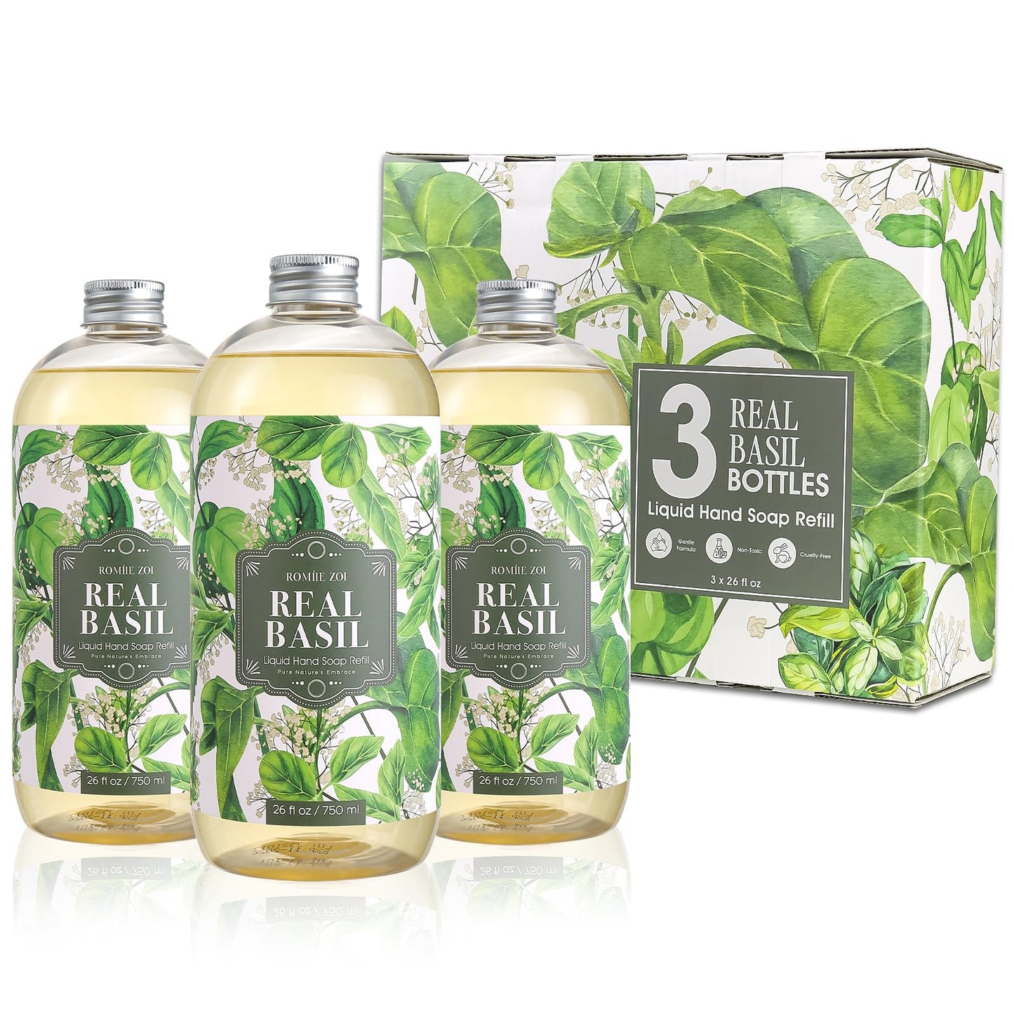 ROMIIE ZOI Liquid Hand Soap Refill Gift Set – Basil Scent, 3 Pack (26 Fl Oz Each), Plant-Based, Biodegradable & Gentle Formula for Daily Use in Kitchen, Bathroom & for Sensitive Skin