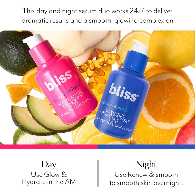 Bliss AM+PM Serum Duo | Vitamin C & Glycolic Acid for 24-Hour Radiance & Hydration - Daily Skincare Set