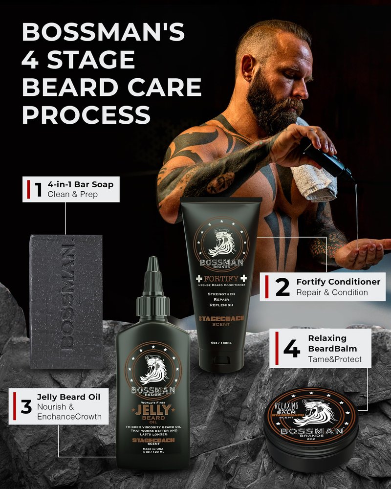 Bossman Essentials Beard Kit for Men, Set of 3 - Beard Oil Jelly, Fortifying Conditioner Cream, Beard Balm - Grooming Growth Care Accessories - Gift Set for Men (Magic)