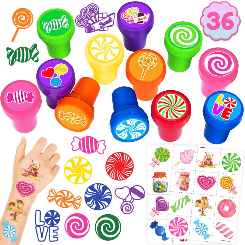 36PCS Candyland Party Favors - 24PCS Temporary Tattoos & 12PCS Stamps - Ideal Sweet Candy Themed Birthday Card Decorations Supplies Goodie Bag Cute Rewards for Boys Girls Classroom Gifts Baby Shower