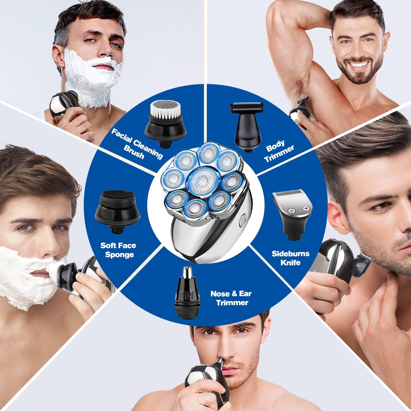 Softula Upgrade Head Shavers for Bald Men,Head Shaver 9D, 6-in-1 Electric Razor Grooming Kit with Nose Hair Trimmer, Waterproof Wet/Dry Shaver, LED Display, Rechargeable Bald Head Razor, Gift for Men