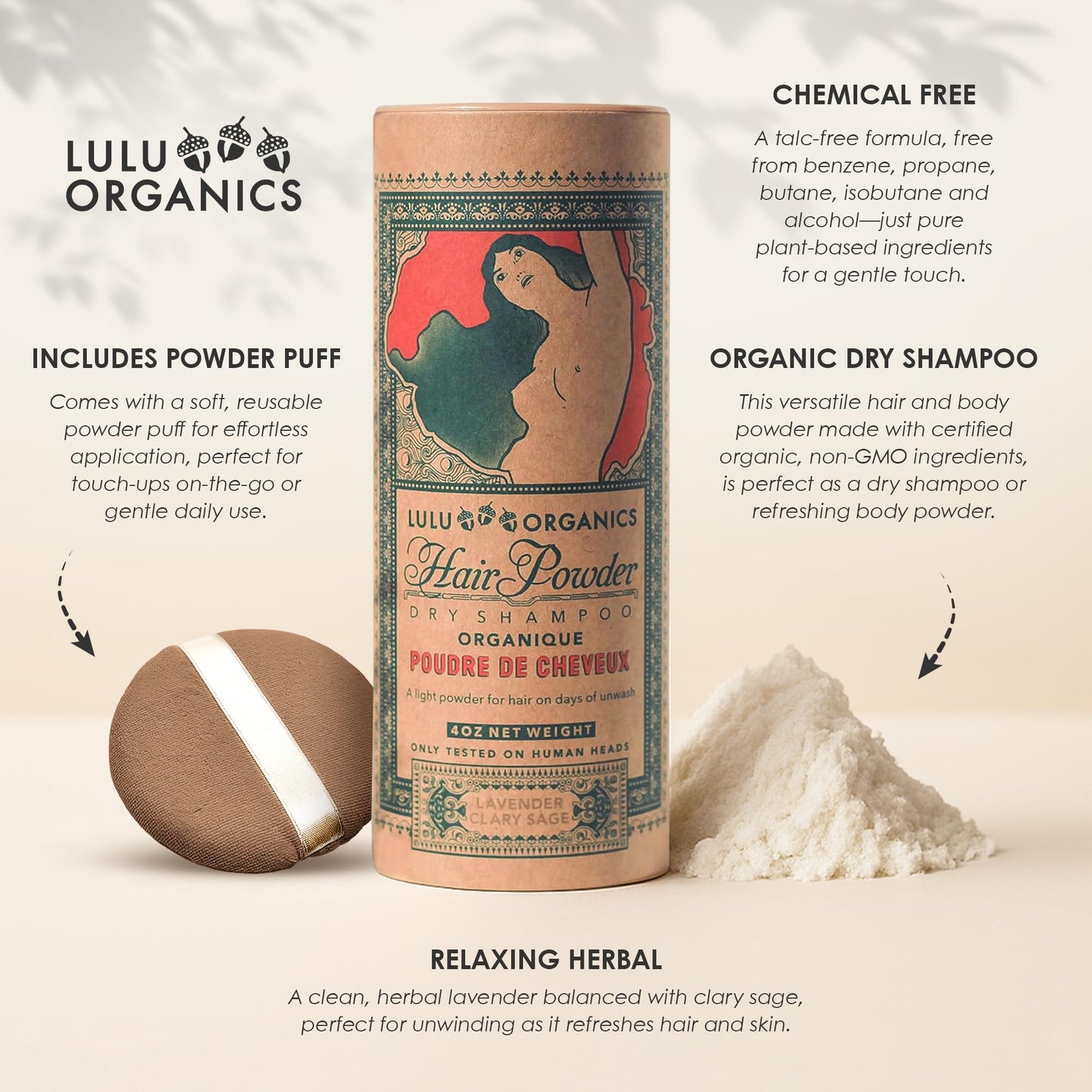 Lulu Organics Dry Shampoo Powder - Non-aerosol, Natural Dry Shampoo for Blonde or Oily Hair, Organic Body Powder, Paraben & Talc free No White Cast Synthetic Fragrance, Lavender and Clary Sage - 4oz