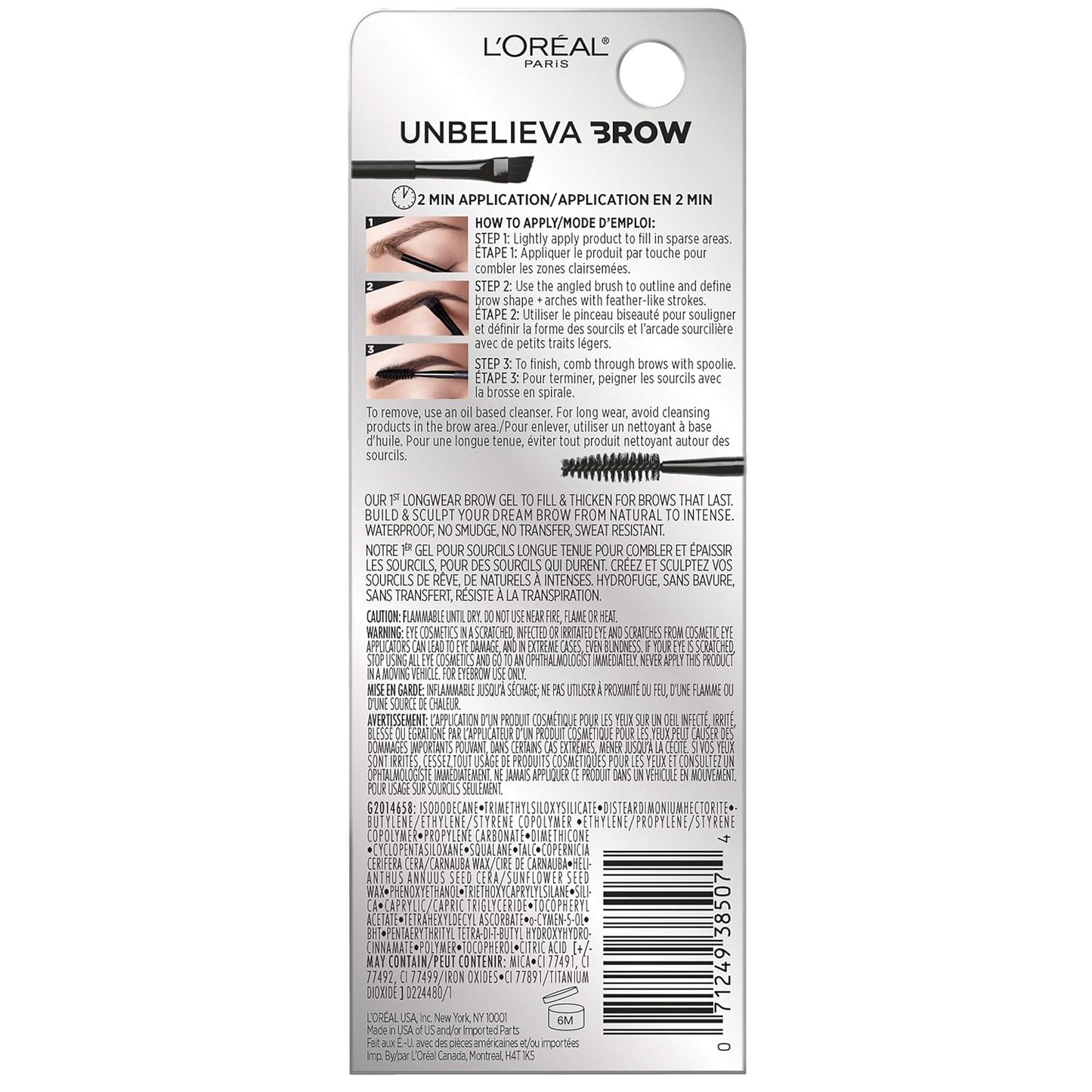 L'Oreal Paris Unbelieva-Brow Waterproof Tinted Brow Gel - Smudge-Resistant, Quick Drying, Black, 0.15 fl. oz.