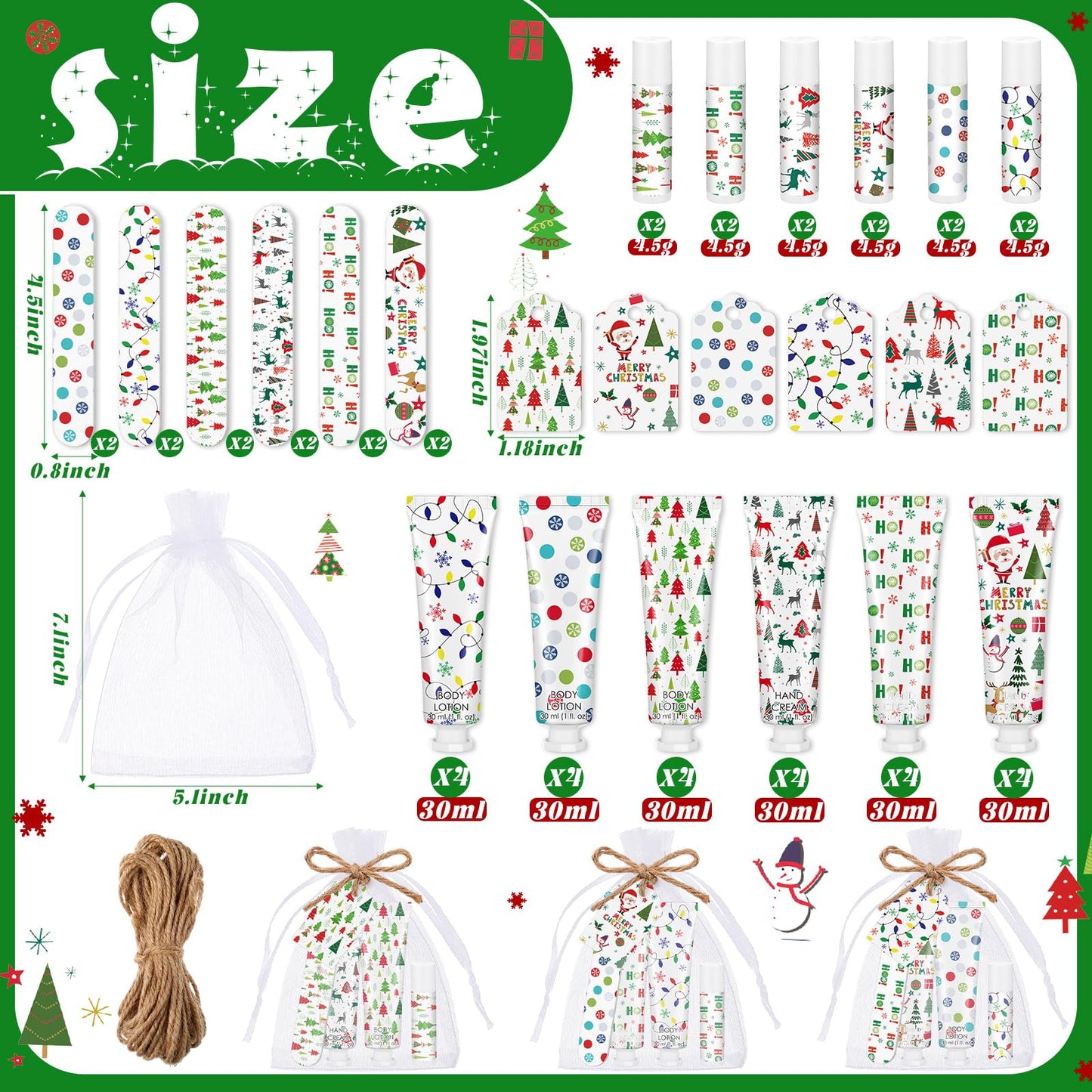 12 Sets/72 Pcs Christmas Party Favors Christmas Hand Cream Body Lotion Lip Balm Nail File Gifts Set Xmas Stocking Stuffers Travel Size Lotion Bulk Holiday Party Supplies for Coworkers Women Adults