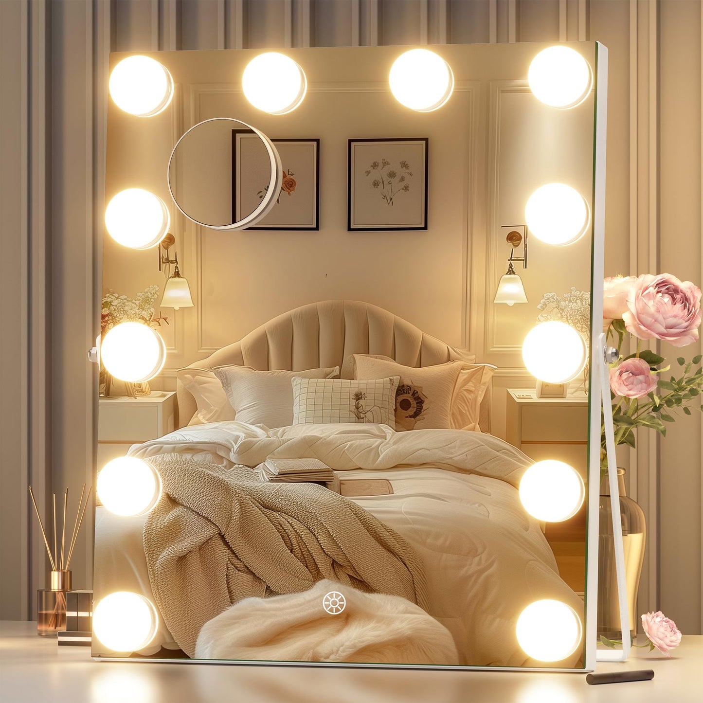 Hasipu Vanity Mirror with Lights - 11" x14”Hollywood Makeup Mirror with 11 Dimmable LED Bulbs, 10X Magnification, 3 Color Modes, Touch Control & USB Port, 360° Rotation