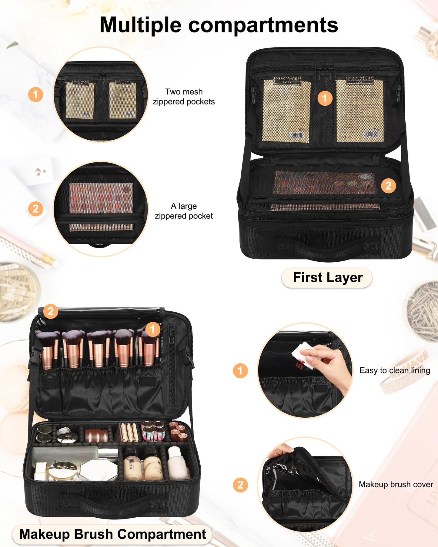 Relavel Makeup Bag Travel Makeup Train Case Large Cosmetic Case Professional Portable Makeup Brush Holder Organizer and Storage with Adjustable Dividers and Shoulder Strap Black