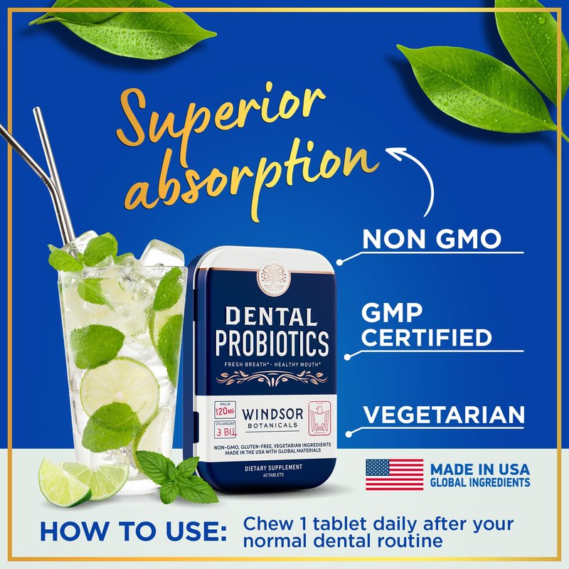 Dental Probiotics for Teeth and Gums - 3BN CFU Lactobacillus Salivarius Acidophilus Casei Tablets - Oral Probiotics for Mouth Bad Breath Treatment for Adults - 45 Chewable Dental Probiotic in a Tin