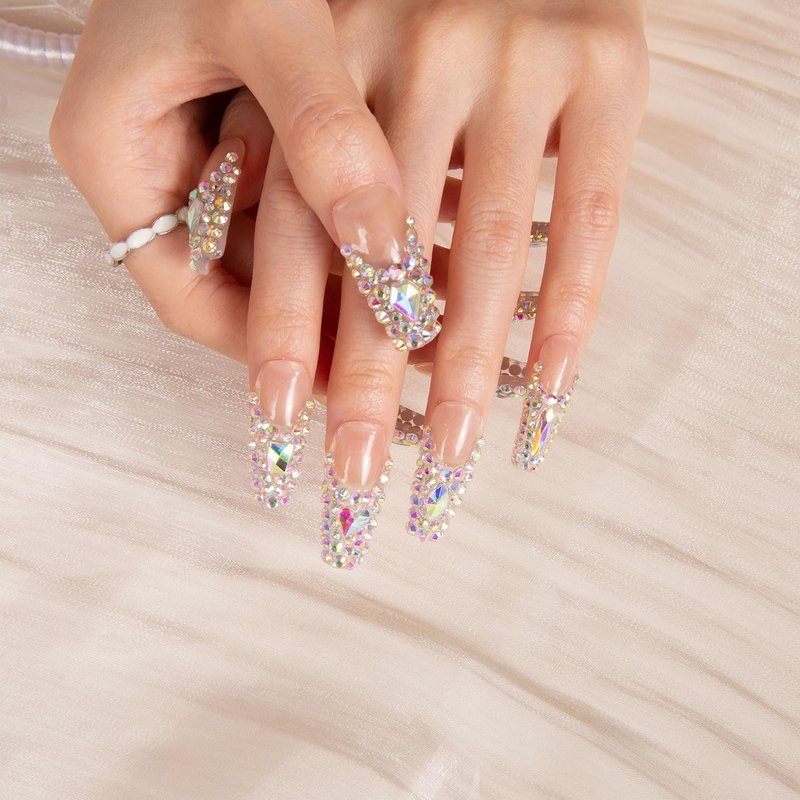 LOVFUL Press on Nails Angel's Tear Rhinestone | Handmade with Full Covered Crystals | Reusable Full Cover Nails | Coffin Classic Regular 1.3 in | H48-S