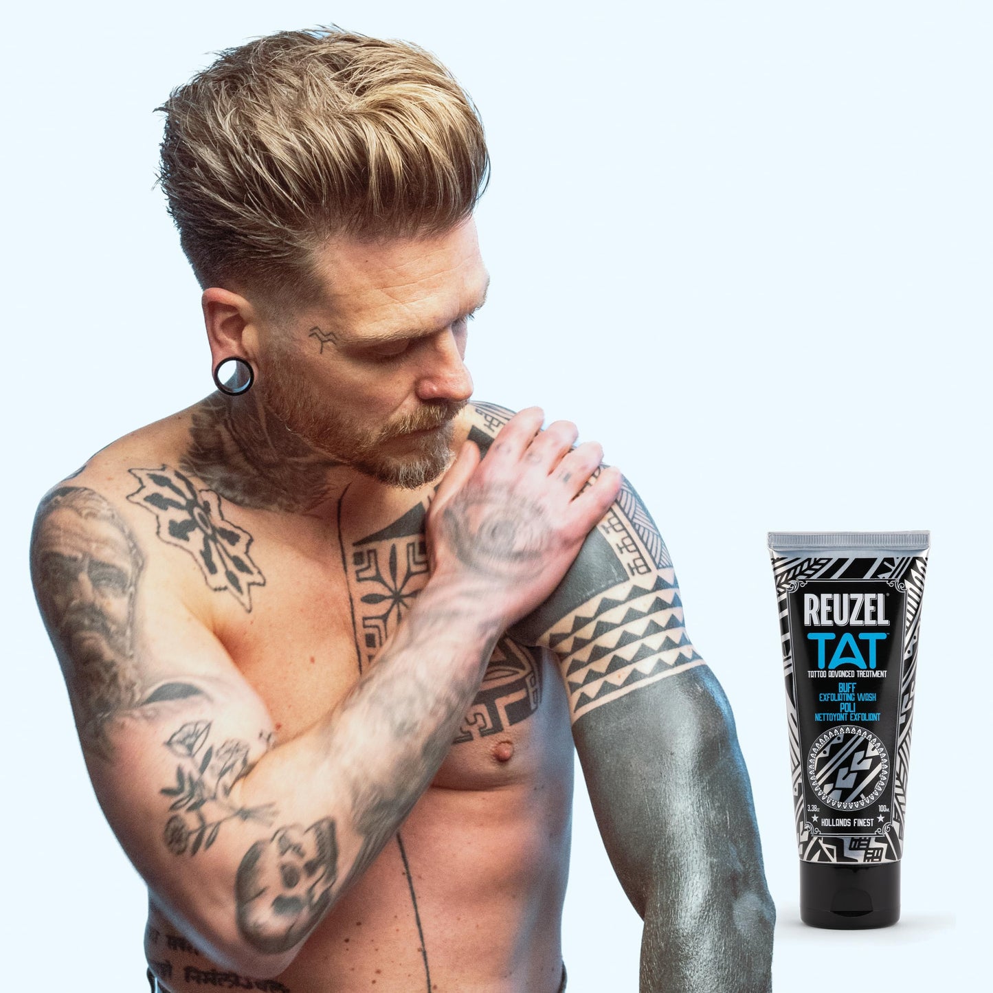REUZEL Buff Exfoliating Wash, Gentle Tattoo Cleanser Scrub, Brightens, Smooths, Reveals Definition and Color, Non-Damaging, Vegan Formula, 3.38 oz