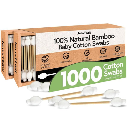 Jenvita 100% Bamboo Swabs for Ears (1000-Pack) - Safety Cotton Swabs for Baby & Personal Care | Safe, Organic Bamboo Baby Ear Cleaner | FSC Certified & Hypoallergenic, Made for All Ages & Pets