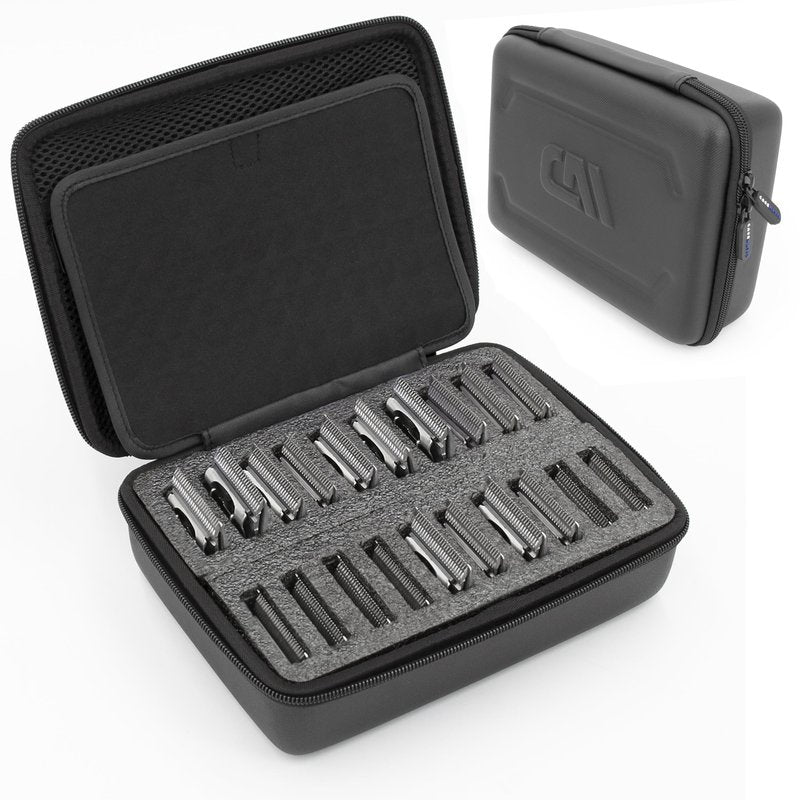 CASEMATIX Hair Clipper Blade Storage Case Fits 20 Clipper Blades & Guards – Compatible with Wahl, Andis, Oster, BaBylissPRO Detachable Metal Guards – Barber Travel Organizer Holder Case