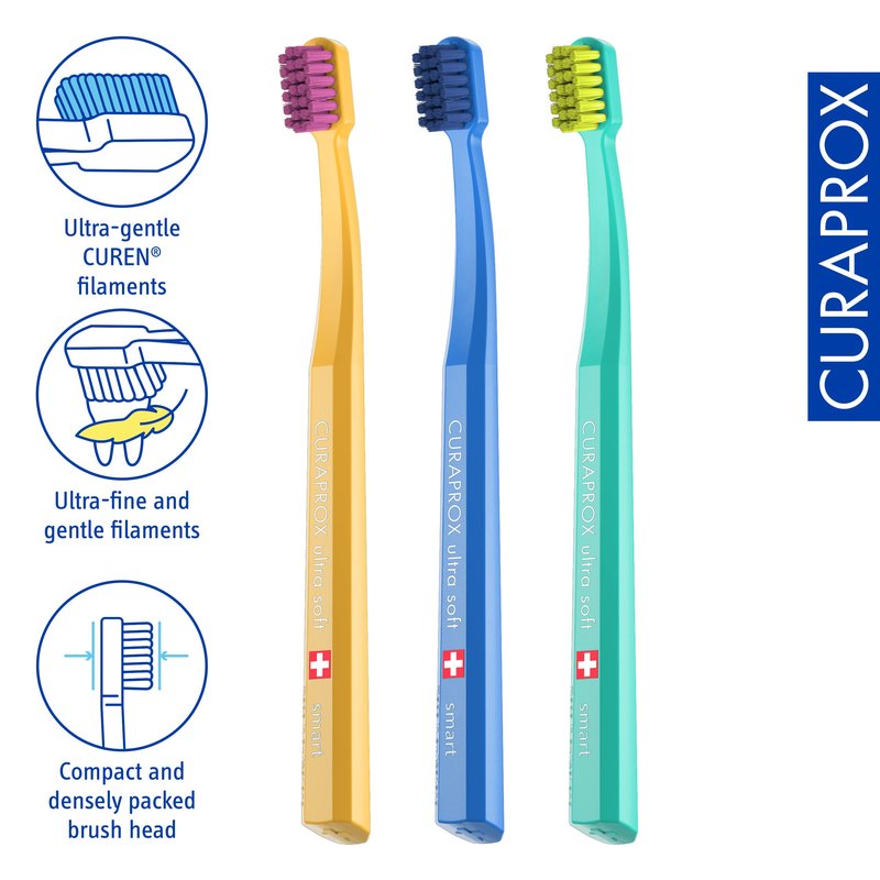 Curaprox CS Smart Toothbrush – Compact Brush Head for Children and Adults | Ultra-Gentle Cleaning | 3-Pack | Mixed Colours