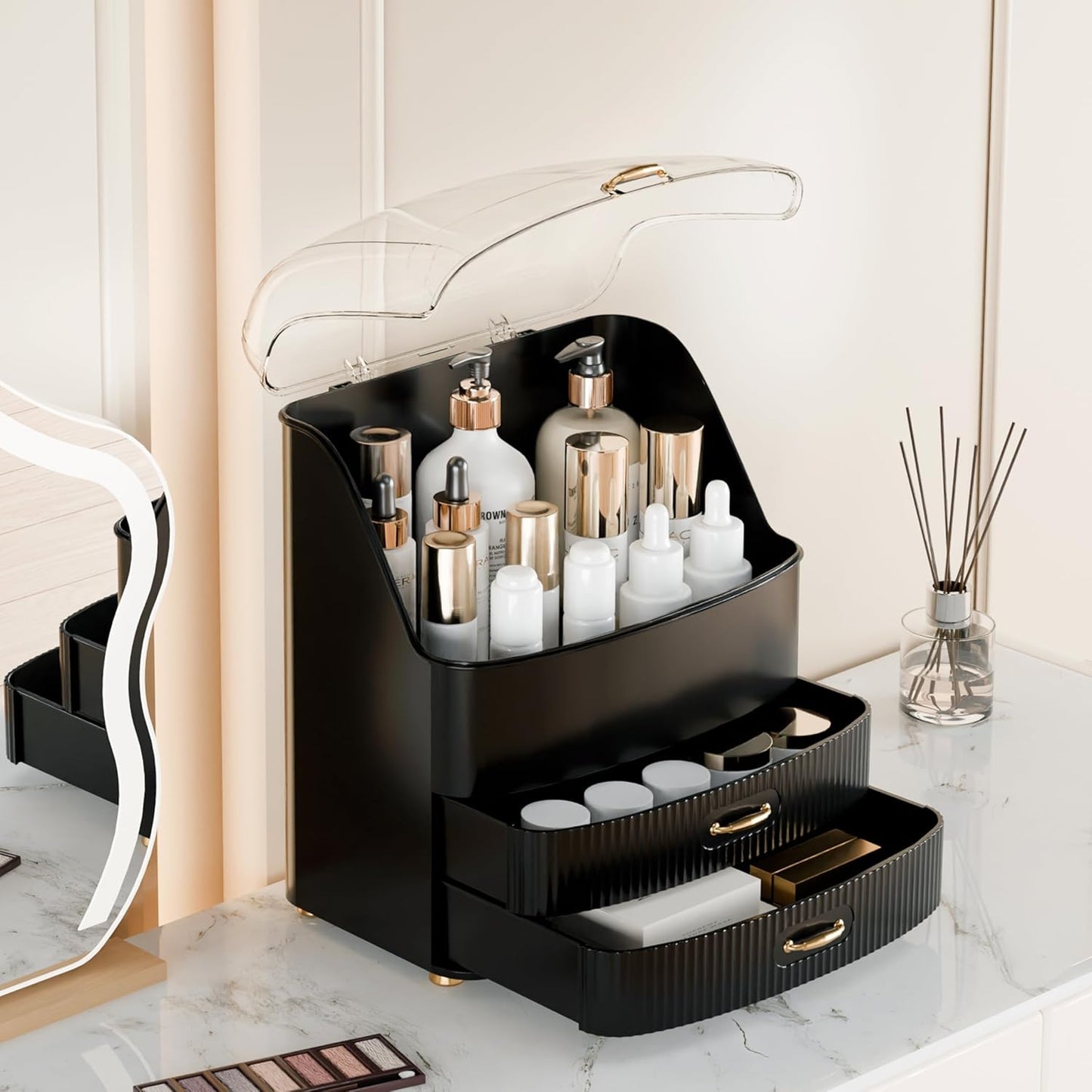 Makeup Organizer - Waterproof Dustproof Vanity with Transparent Lid & Drawers | Black Cosmetic Storage for Women & Teens