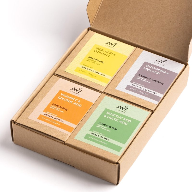 All With Earth Handmade Face & Body Soap Set of 4 Soaps Skin Brightening Hydrating Variants Vitamin C Retinol Kojic Acid Collagen Radiant Healthy Skin (Brightening Blends)