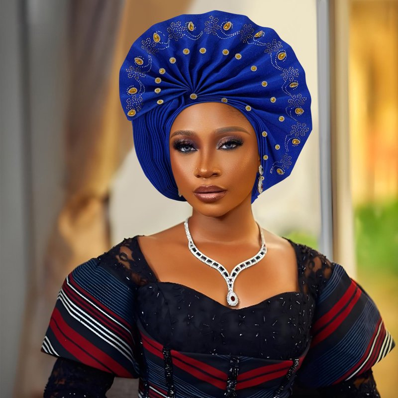 African gele head wrap for women Nigerian Headwear,auto gele Nigerian Headwear,turbans for women weddings parties event (Blue 1)