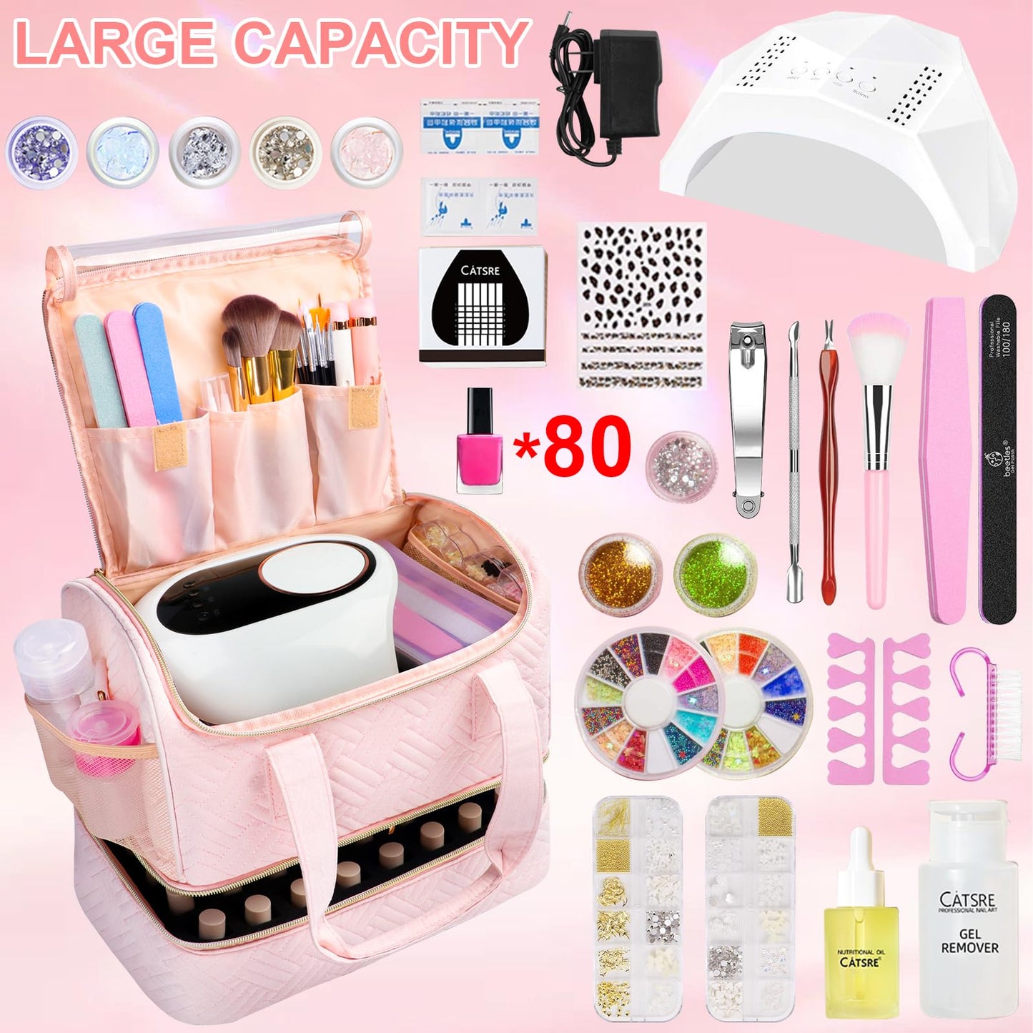 Veirdro Nail Polish Organizer Hold 90 Bottles (15ml/0.5fl.Oz)& Nail Lamp, Three Layer Nail Supplies Organizer Case with Holder& Shoulder Strap, PU Leather Nail Kit Organizers and Storage Bag (Black)