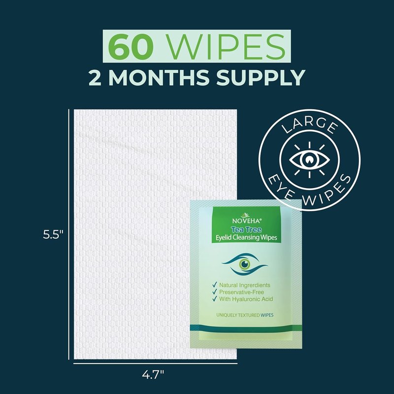 NOVEHA Tea Tree Oil Eyelid & Lash Wipes - Hyaluronic Acid, Green Tea & Chamomile | 60 Individually Wrapped Cleansers for Itchy Eyes
