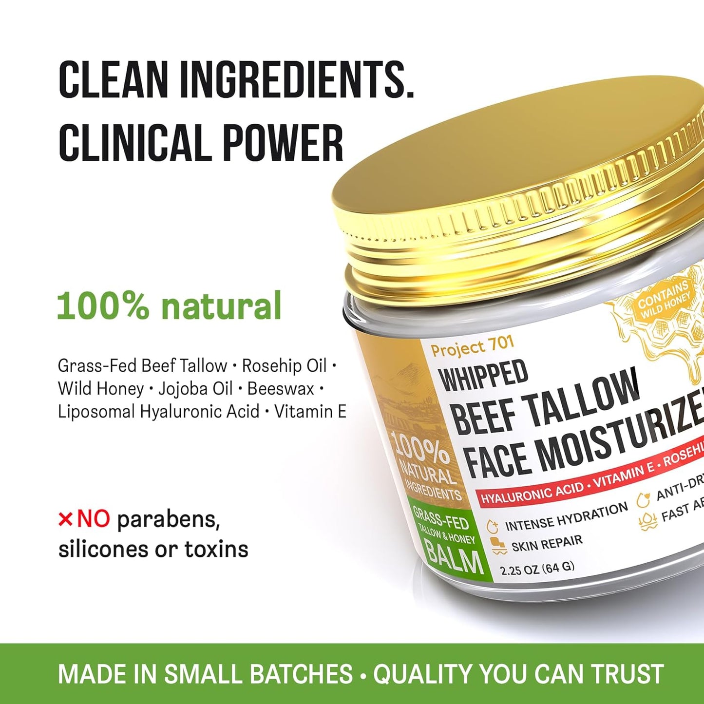 Beef Tallow Face Cream - All-Natural Moisturizer with Honey & Hyaluronic Acid | 2.25 oz for Dry, Sensitive Skin