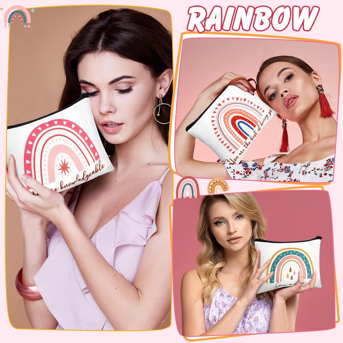 Rainbow Inspirational Makeup Bags - 32 Pcs Canvas Set for Women | Boho Travel Cosmetic Pouches